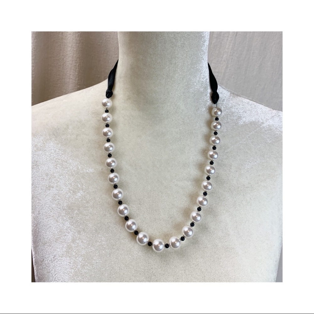 Faux Pearl Black Ribbon Necklace